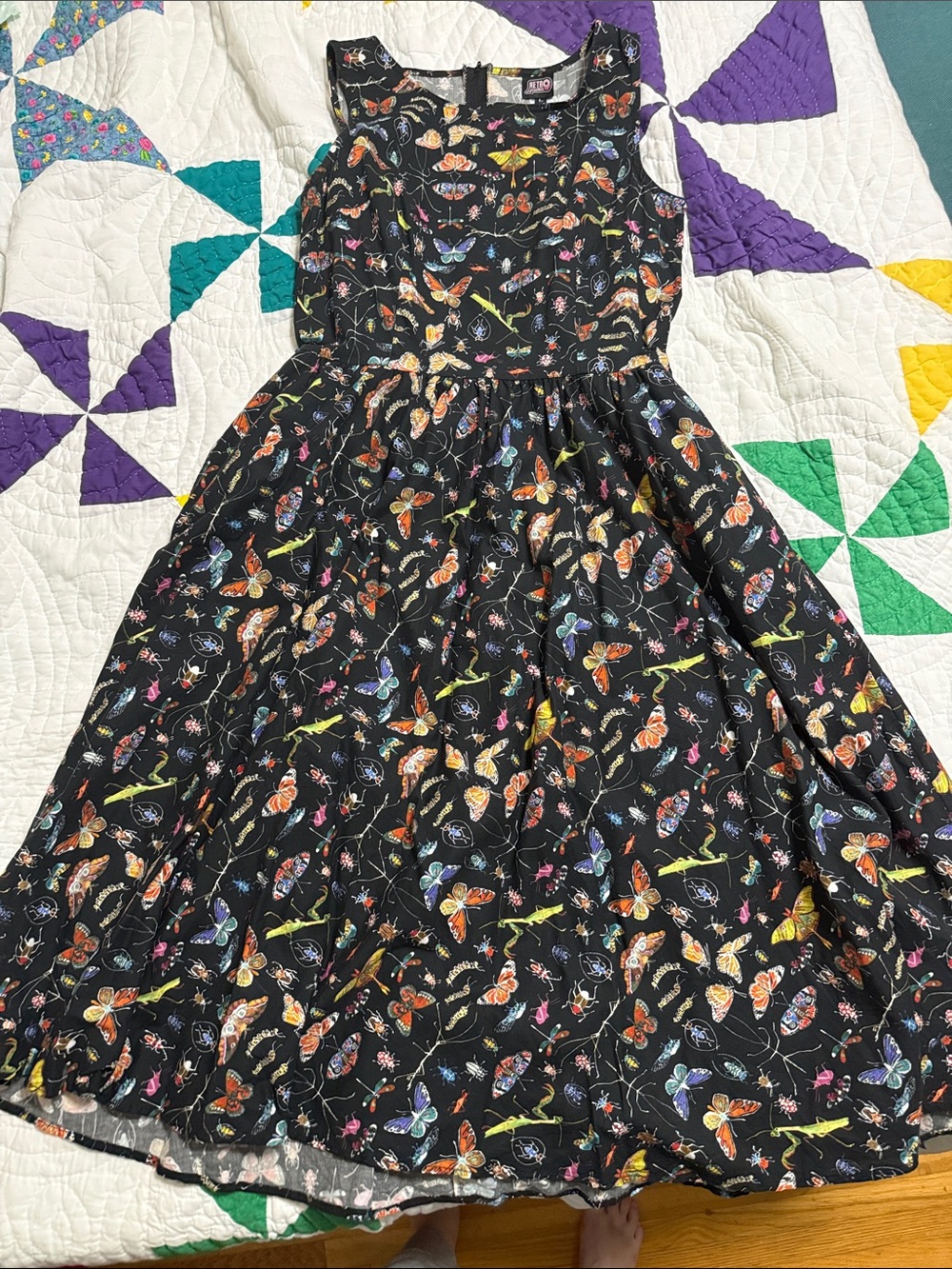 Retrolicious Black Butterfly & Insect Midi Dress